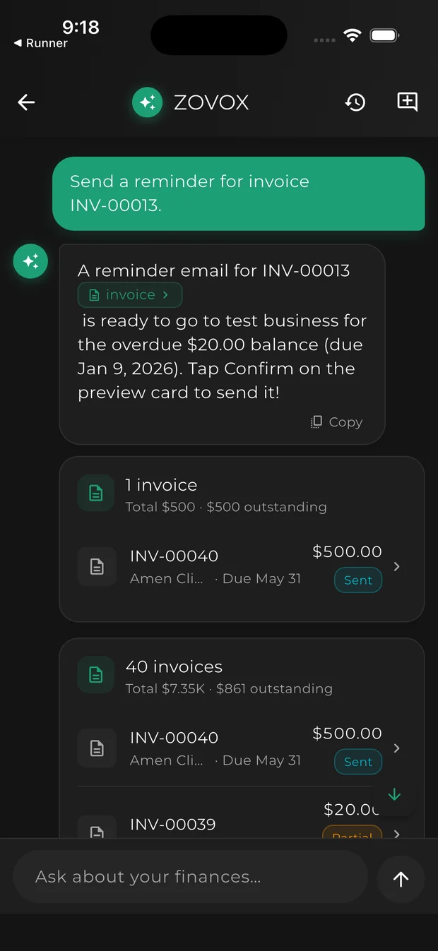 ZOVOX AI drafting an invoice payment reminder