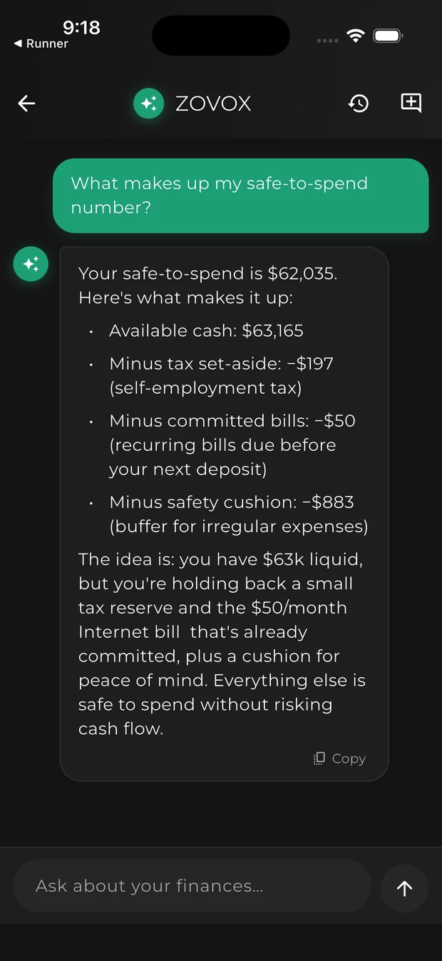 ZOVOX AI CFO explaining what makes up the user's safe-to-spend number