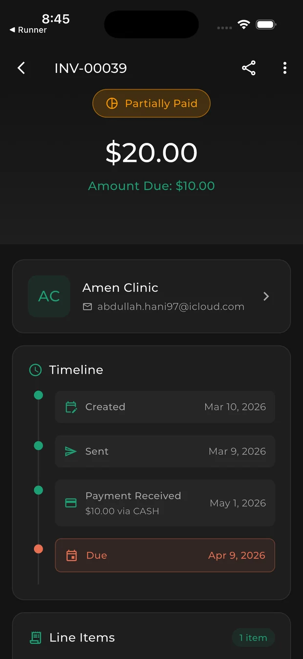 ZOVOX invoice detail with payment timeline