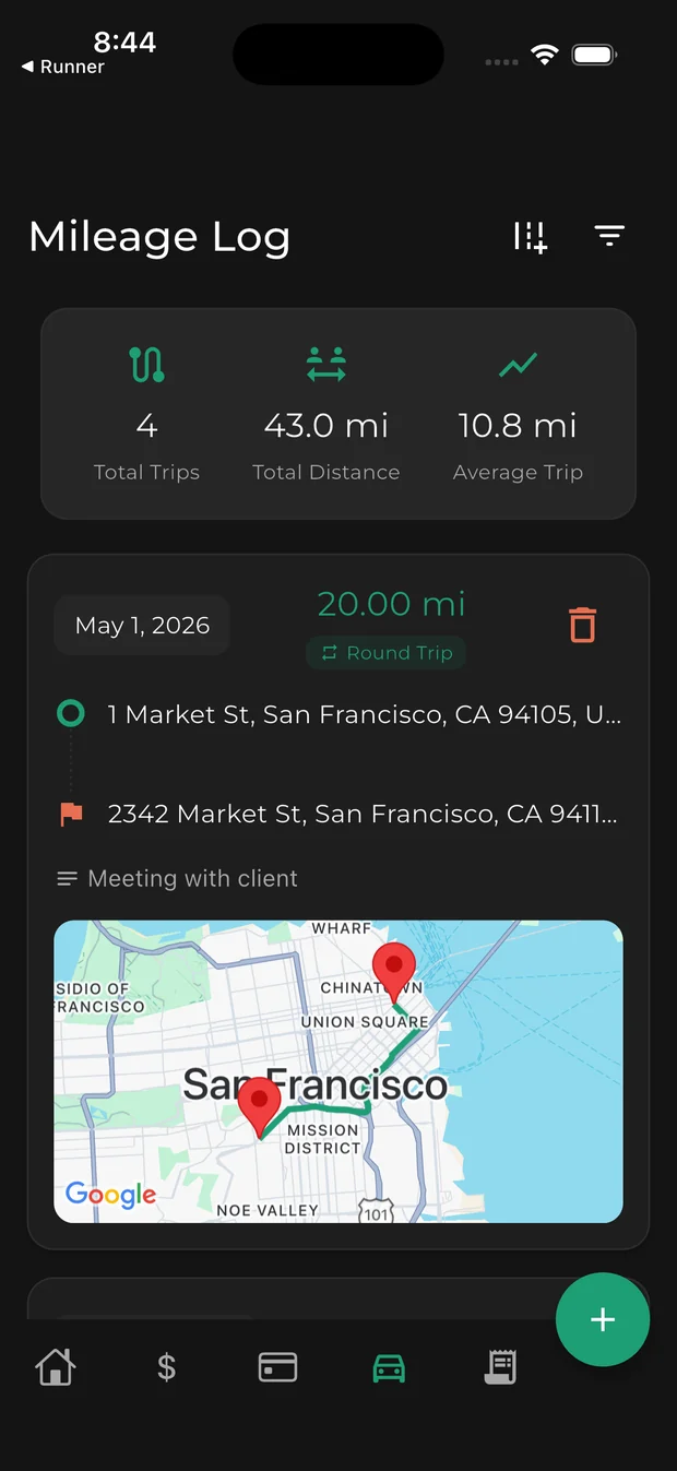 ZOVOX mileage log with trip map